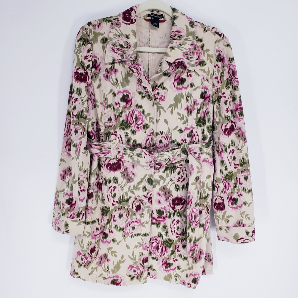 Madison Studio Floral Belted Trench Coat Jacket Women Size 8 Pink Green Cotton
